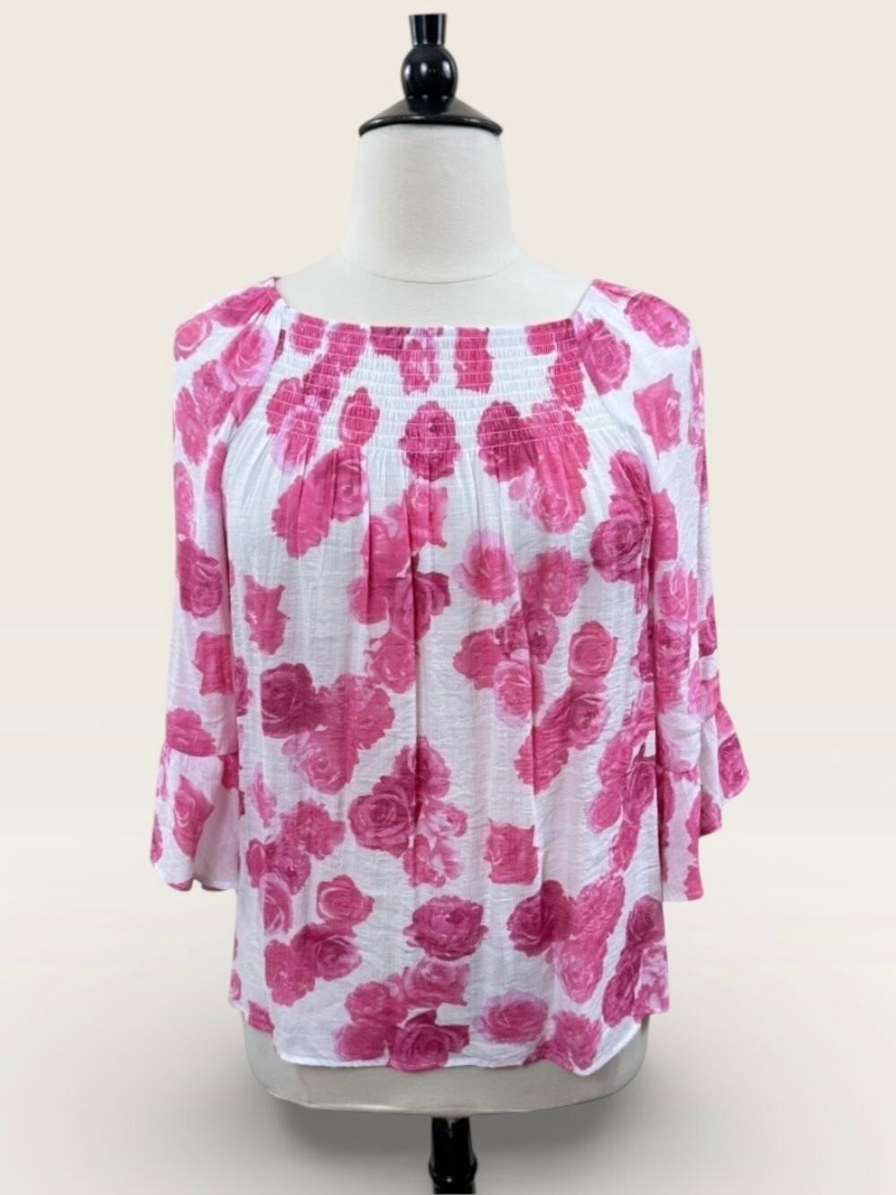 Gauzy Romantic Pink Floral Top w/ Smocked Neckline & Ruffle 3/4 Sleeves, Size L